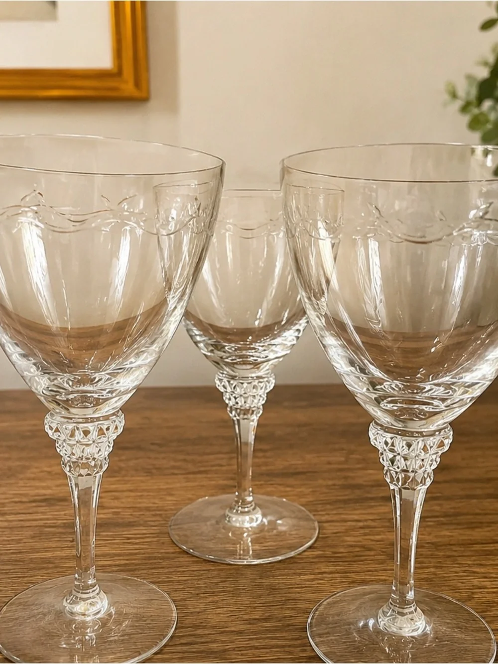 Vintage Clear Etched Crystal Wine Goblets Set of 8 Diamond Stem Scroll Pattern